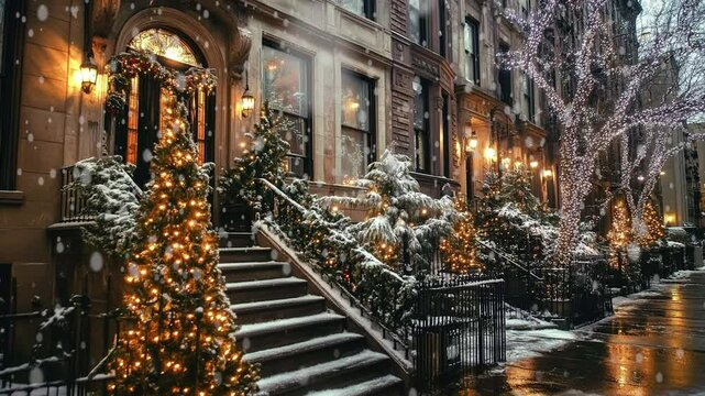 New York City Brownstone on Christmas, snowing wet snow, animated, loop