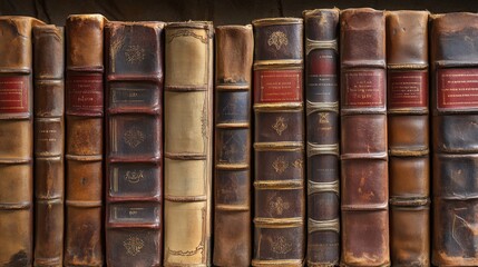 Antique Leather-Bound Books on a Wooden Shelf