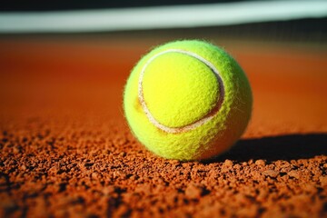 A lone tennis ball sits atop a tennis court