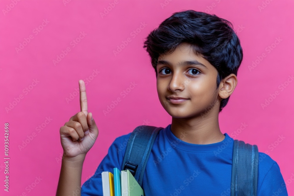 Poster a young boy holds a book and points to something on the side, likely indicating important informatio