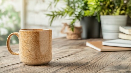 A tan ceramic mug is placed on a wooden table, accompanied by potted plants and stacked books, creating a warm, intellectual and serene environment.