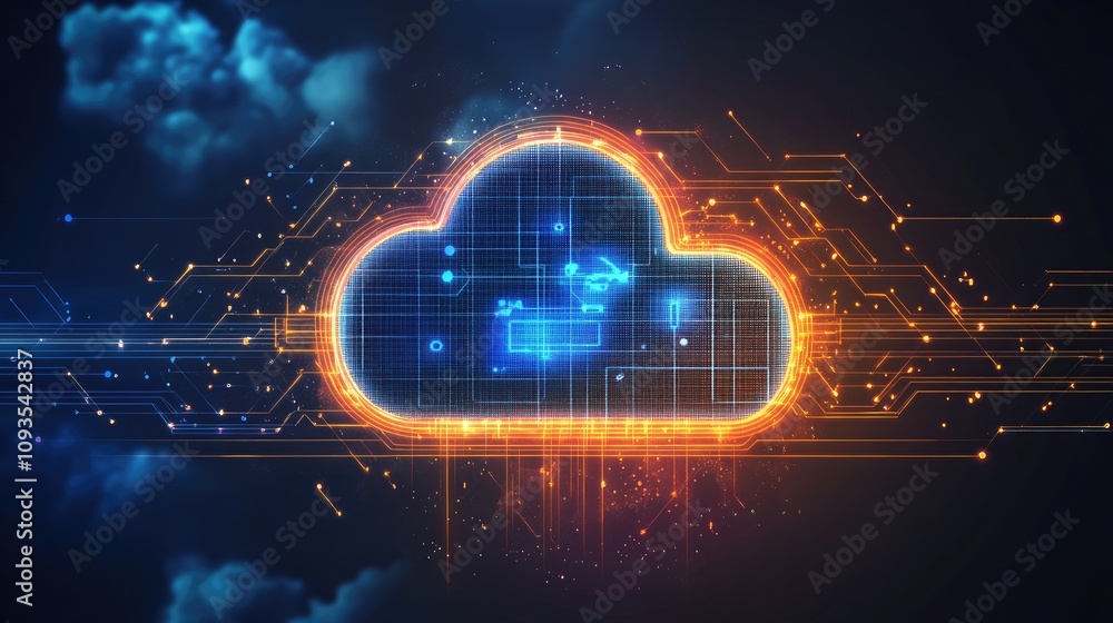 Poster glowing cloud computing network icon.