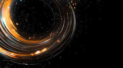 Obraz premium Airy digital neon orange and brown tech swirl on black background with copy space. Science, futuristic digital technologies concept.