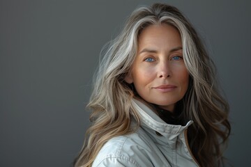 Mature Woman in White Jacket Posing Confidently on Gray Background