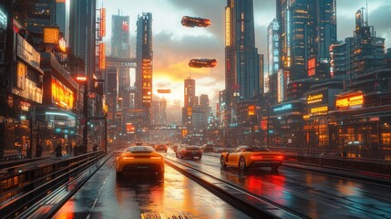 Fototapeta premium A futuristic cityscape at sunset, with flying cars and neon lights reflecting on glass skyscrapers