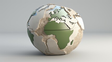 A cracked globe illustrating environmental challenges against a green to gray background