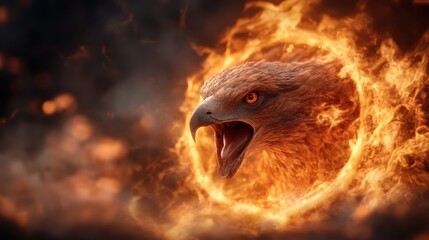 Obraz premium A fierce eagle's head emerges from a fiery ring, surrounded by thick smoke, symbolizing power and intensity in a dynamic, dramatic vision.