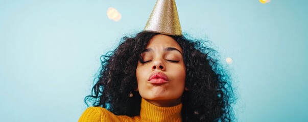 Portrait of a woman wearing a gold party hat making a kissing expression. Studio photography on a light blue background.