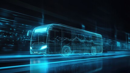Futuristic electric bus speeding on digital highway.