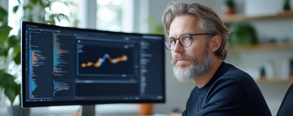 Middle-aged man with glasses working on computer monitors displaying programming code and data graphs in a bright office with greenery.