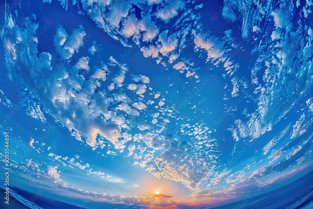 Poster a serene image of the sun dipping into the ocean, with calm waves and a warm glow