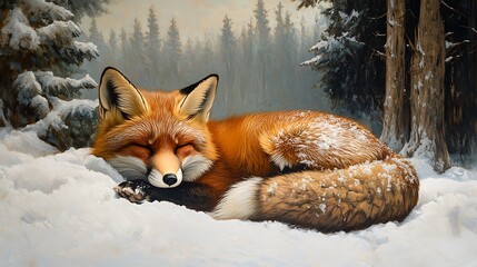 Obraz premium A red fox curled up in a bed of snow its fluffy tail wrapped around its body with a serene winter forest in the background
