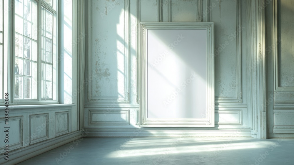 Aufkleber sunlit empty room with large blank canvas.