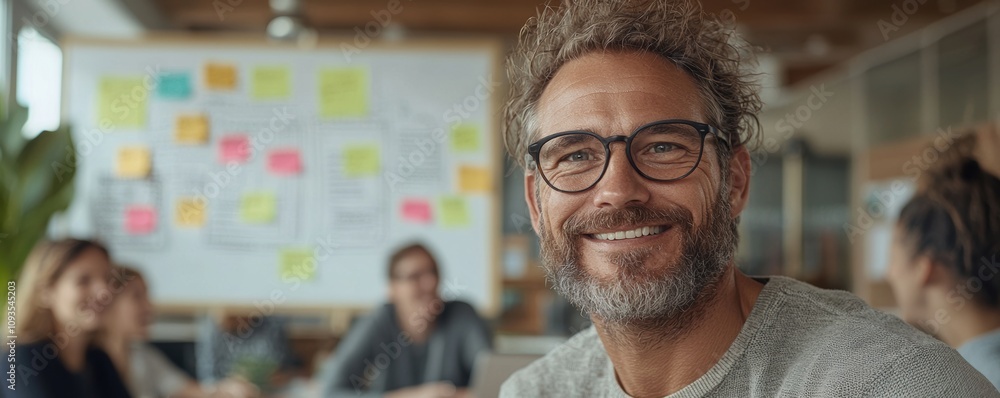 Aufkleber smiling man with curly hair and glasses in a creative office environment. team brainstorming session