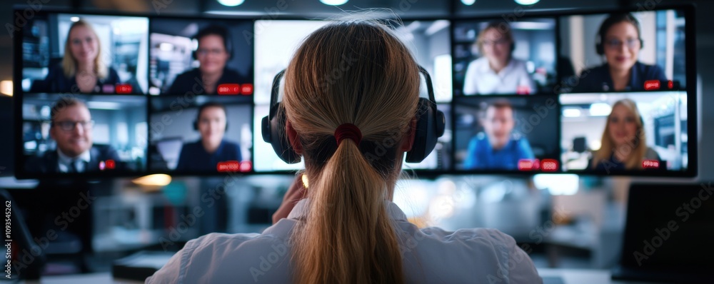 Poster back view of a woman in headphones attending a virtual meeting with multiple participants on compute