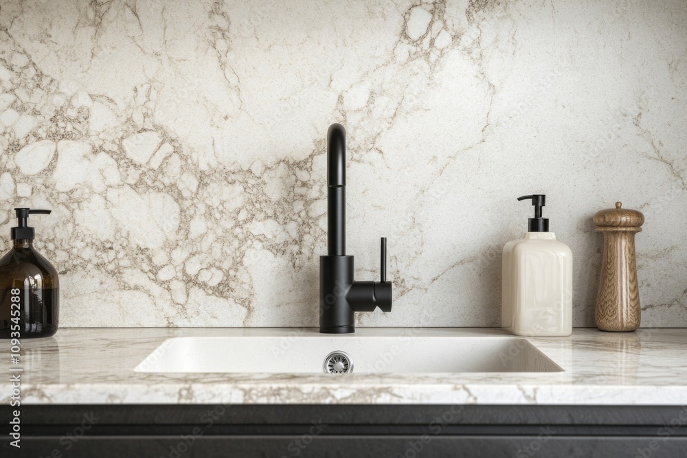 Poster a kitchen sink with a faucet and soap dispenser, great for use in various settings