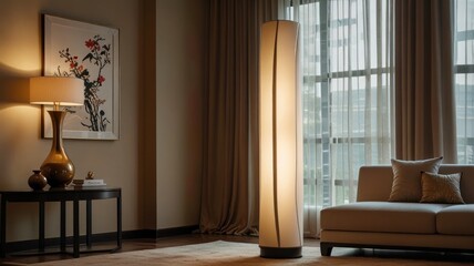 Fototapeta premium Tall cylindrical floor lamp illuminates a modern living room with warm light, casting a soft glow.