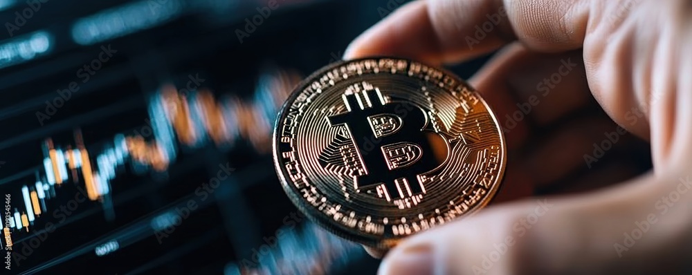 Poster bitcoin coin held by hand in front of a digital trading chart. close-up shot.
