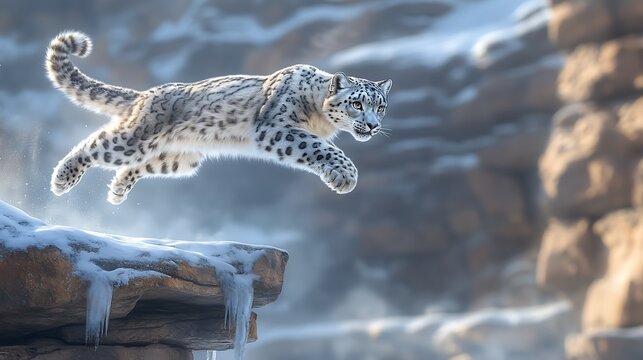 A snow leopard leaping across a snowy chasm its powerful muscles and thick tail captured mid-motion against the rocky icy terrain