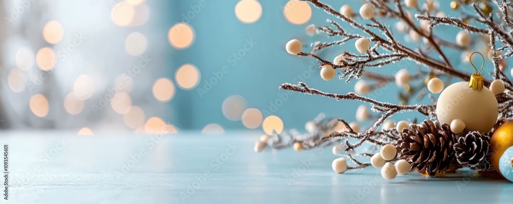 Poster frosted branches with decorative ornaments and pinecones on a turquoise background with bokeh lights