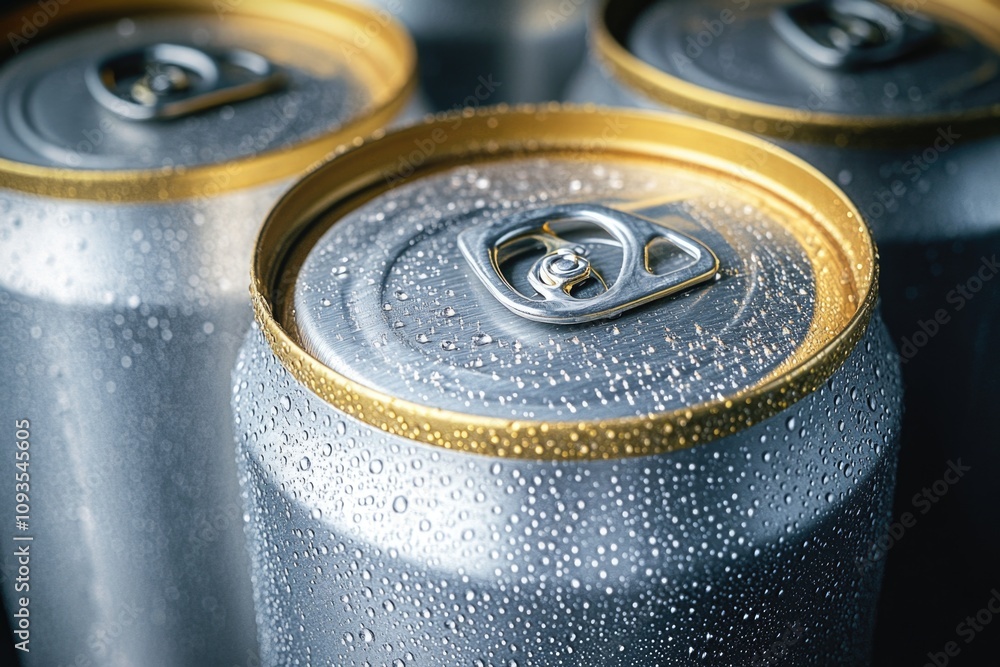 Poster a close-up view of three soda cans on a surface