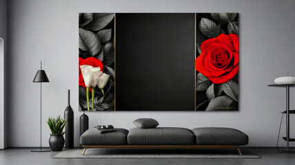 Modern monochrome interior with black accessories and a floral poster above a sofa