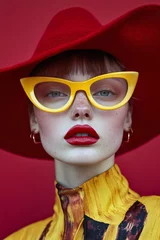 A woman dressed in vibrant fashion with striking yellow glasses, a red hat, and bold red lips, showcasing her distinctive sense of style and confidence. © Joachim