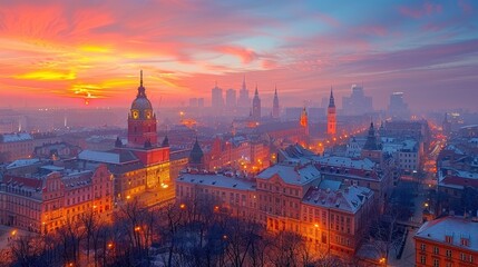 Naklejka premium Majestic sunrise over the historic city skyline with vibrant hues illuminating the horizon. Generative AI