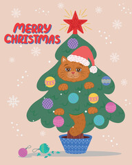 A Christmas and New Year card with a funny cute cat. A pet cat is sitting in a Christmas tree, playing with toys and hitting them. Flat hand-drawn pattern for a winter holiday print