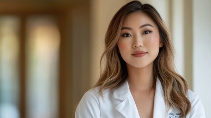 Beautiful young Asian female doctor wearing white lab coat in hospital. Medical professional nurse at work. Healthcare and medicine concept