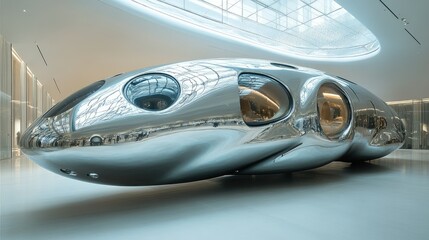 Fototapeta premium A sleek, futuristic structure with a reflective surface, showcasing modern architectural design.
