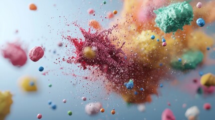 Colorful powder particles exploding in mid-air on a blue background.