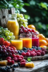 Fresh fruit and juice on a wooden table, perfect for a breakfast or snack
