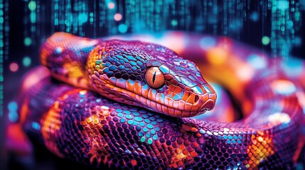 An intricately patterned snake, featuring a dazzling array of bright colors, is artistically coiled, creating a mesmerizing and exotic visual spectacle.