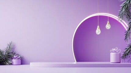 Minimalist purple podium with neon arch lighting and hanging bulbs, decorated with fir branches