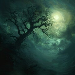 Dark fantasy background with clouds tree and the moon