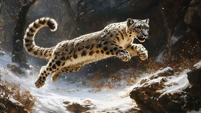 A snow leopard leaping across a snowy chasm its powerful muscles and thick tail captured mid-motion against the rocky icy terrain