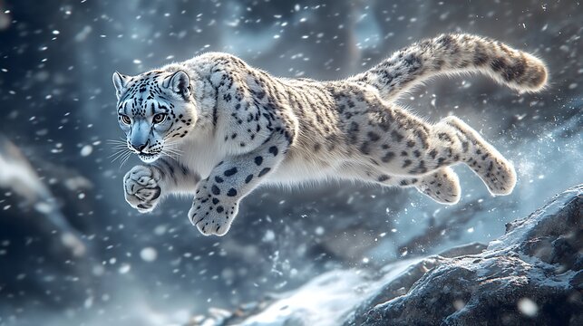 A snow leopard leaping across a snowy chasm its powerful muscles and thick tail captured mid-motion against the rocky icy terrain