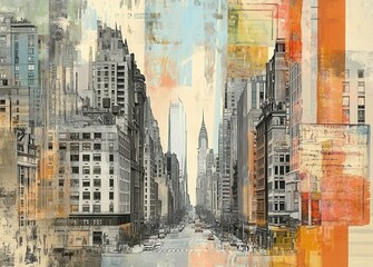 Abstract Urban Cityscape Painting Featuring Vibrant Skyscrapers and Modern Architecture in a Bustling Downtown Metropolis