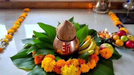 Sacred Kalash Arrangement with Marigold and Fruits
