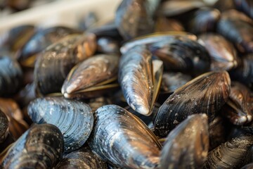A collection of mussels sitting on a table, great for food or nature scenes