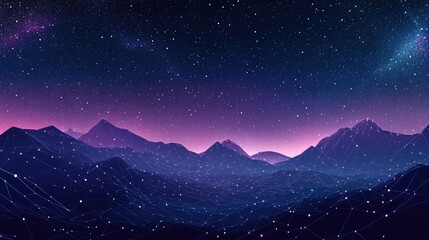 Purple and blue night sky over wireframe mountains.