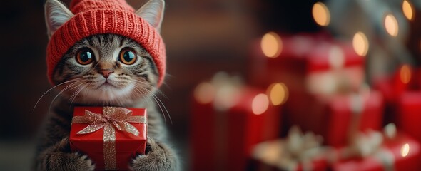 A cute rescue cat wearing a knitted Christmas hat holding a Christmas present. Christmas banner, header suitable for billboard or Christmas sale advertising with room for text and copy space.