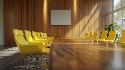 Modern conference room with yellow chairs, wooden table, and blank canvas.