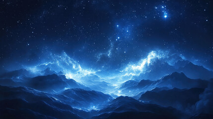 Fototapeta premium landscape illustration of a dreamlike sky filled with softly glowing, luminescent stars over calming hills