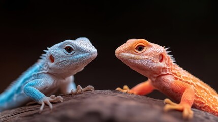 Obraz premium Two vividly colored lizards, one blue and one orange, face each other in a striking encounter, highlighting nature's vivid palette and the beauty of wildlife.
