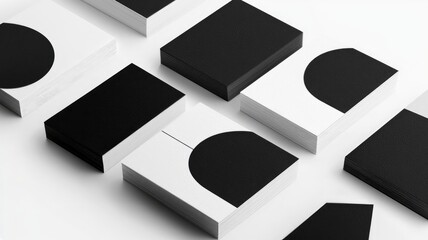 Minimalist black and white business card stacks with geometric designs in organized layout