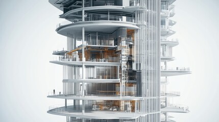 Architectural model of a modern high-rise building showcasing interior design and structure.
