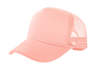 Salmon-colored mesh trucker cap isolated on white background. Perfect for branding, fashion, and apparel design projects.