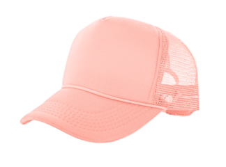 Salmon-colored mesh trucker cap isolated on transparent background. Perfect for branding, fashion, and apparel design projects.